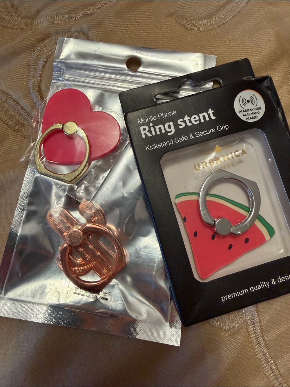 Watermelon Phone Ring Stent + Rose Gold cactus + heart ring stent